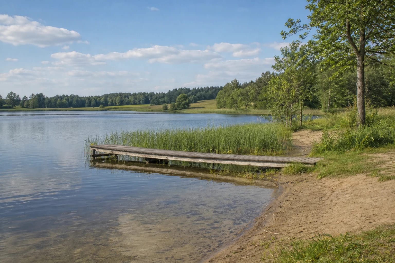 Kalvių ežero vieša pakrantė su mediniu lieptu, nendrėmis, smėliu ir medžiais