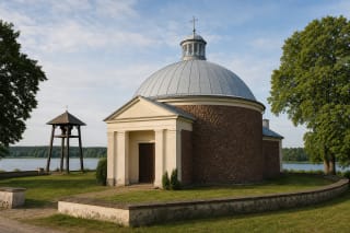 Akmeninė apskrita Kalvių Šv. Antano Paduviečio bažnyčia su baltu portiku, kupolu ir žibintu prie ežero