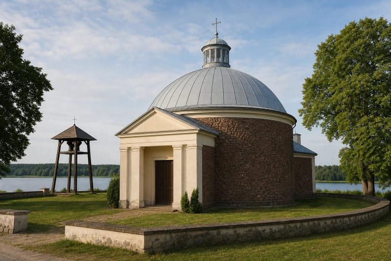 Akmeninė apskrita Kalvių Šv. Antano Paduviečio bažnyčia su baltu portiku, kupolu ir žibintu prie ežero