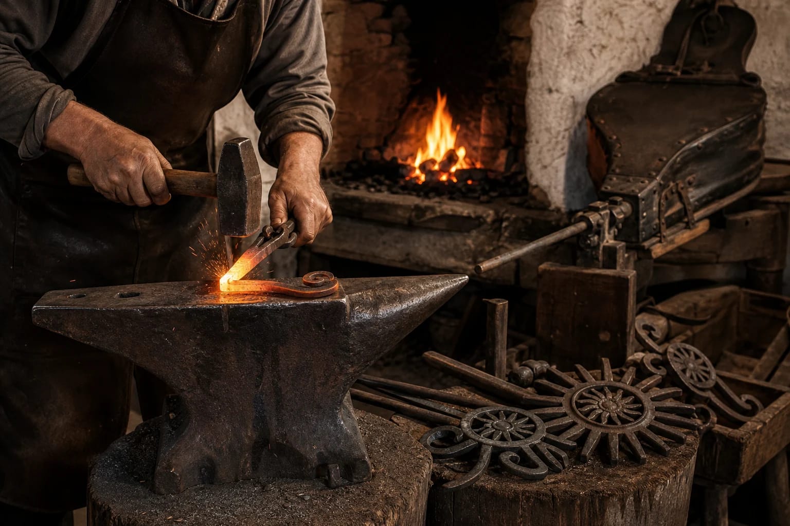 Blacksmithing visual detail with tools and materials typical of the craft