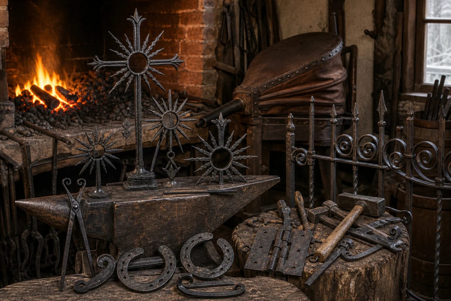 Lithuanian forge with an anvil, hearth, bellows, and forged sunbursts