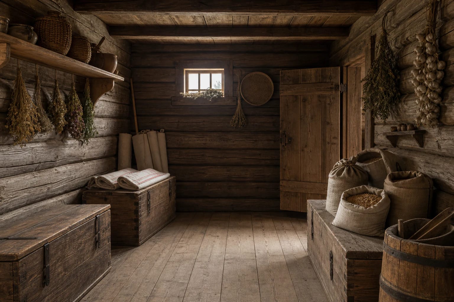 Traditional kamara with wooden shelves, grain sacks, tubs, chest, hand mill, and a small window