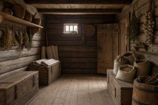 Traditional kamara with wooden shelves, grain sacks, tubs, chest, hand mill, and a small window