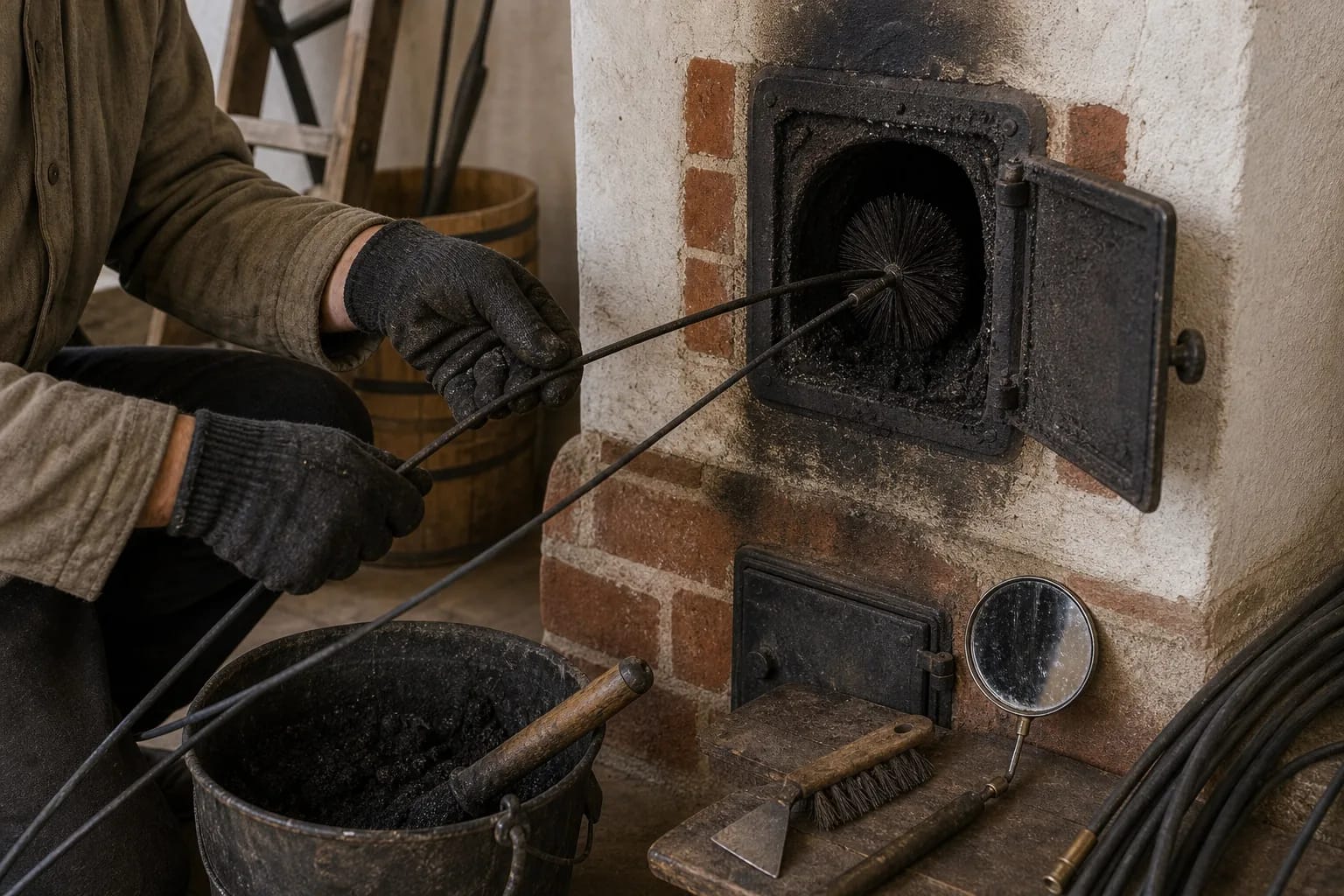 A chimney sweep cleans a flue with a brush and flexible rods.