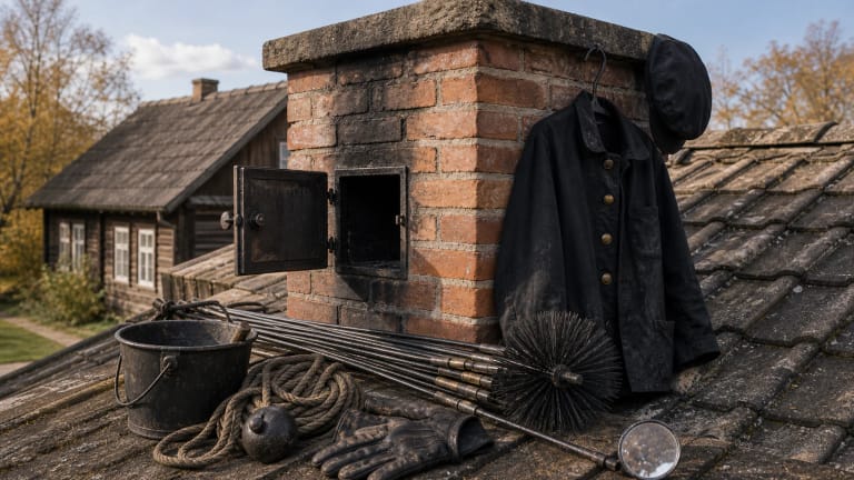 On an old Lithuanian roof beside a brick chimney lie chimney-sweep tools: long brush rods, round brush, rope, weight, soot bucket, gloves, black coat, and hat