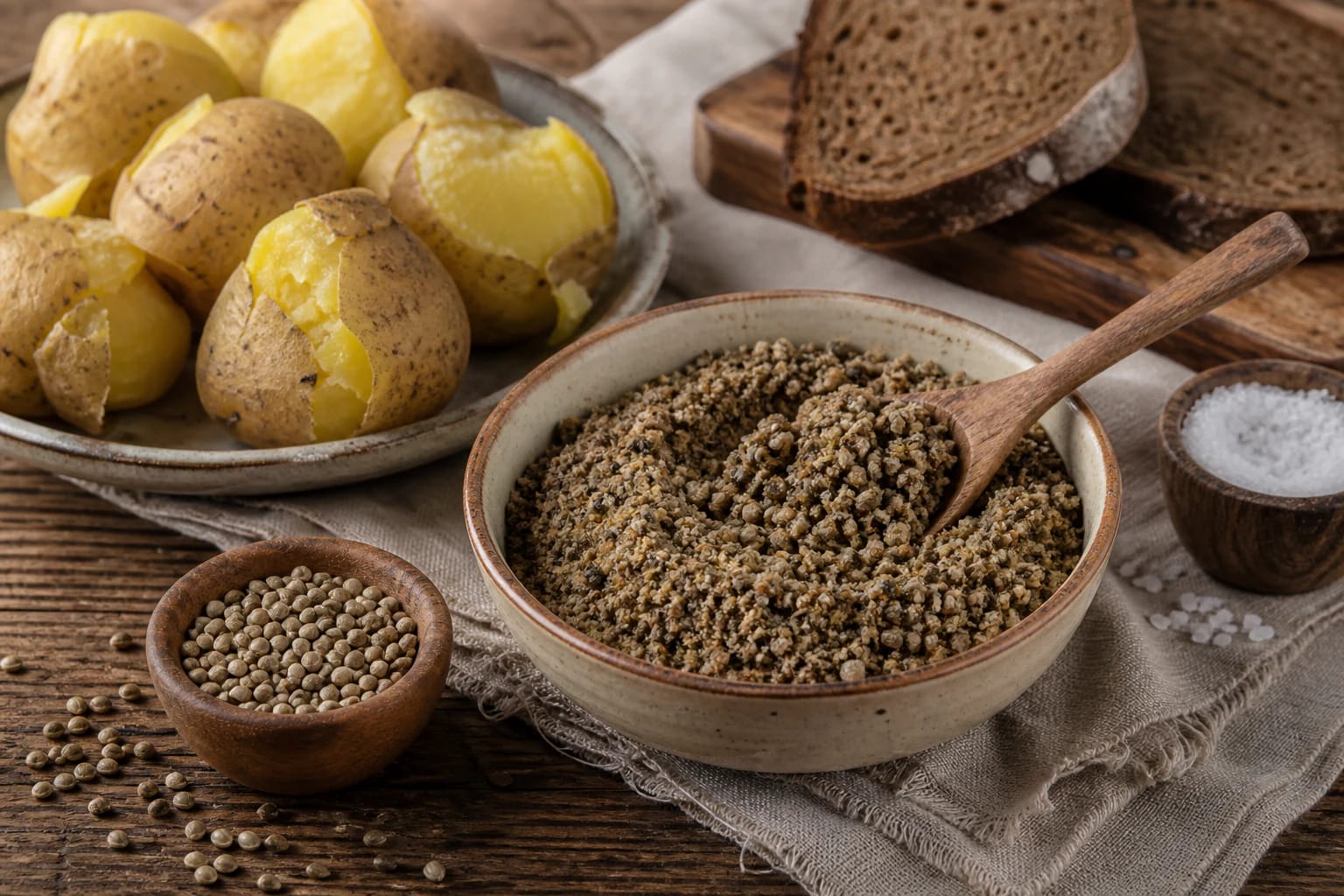 Roasted hemp seeds and hemp salt in a wooden bowl with boiled potatoes and onion