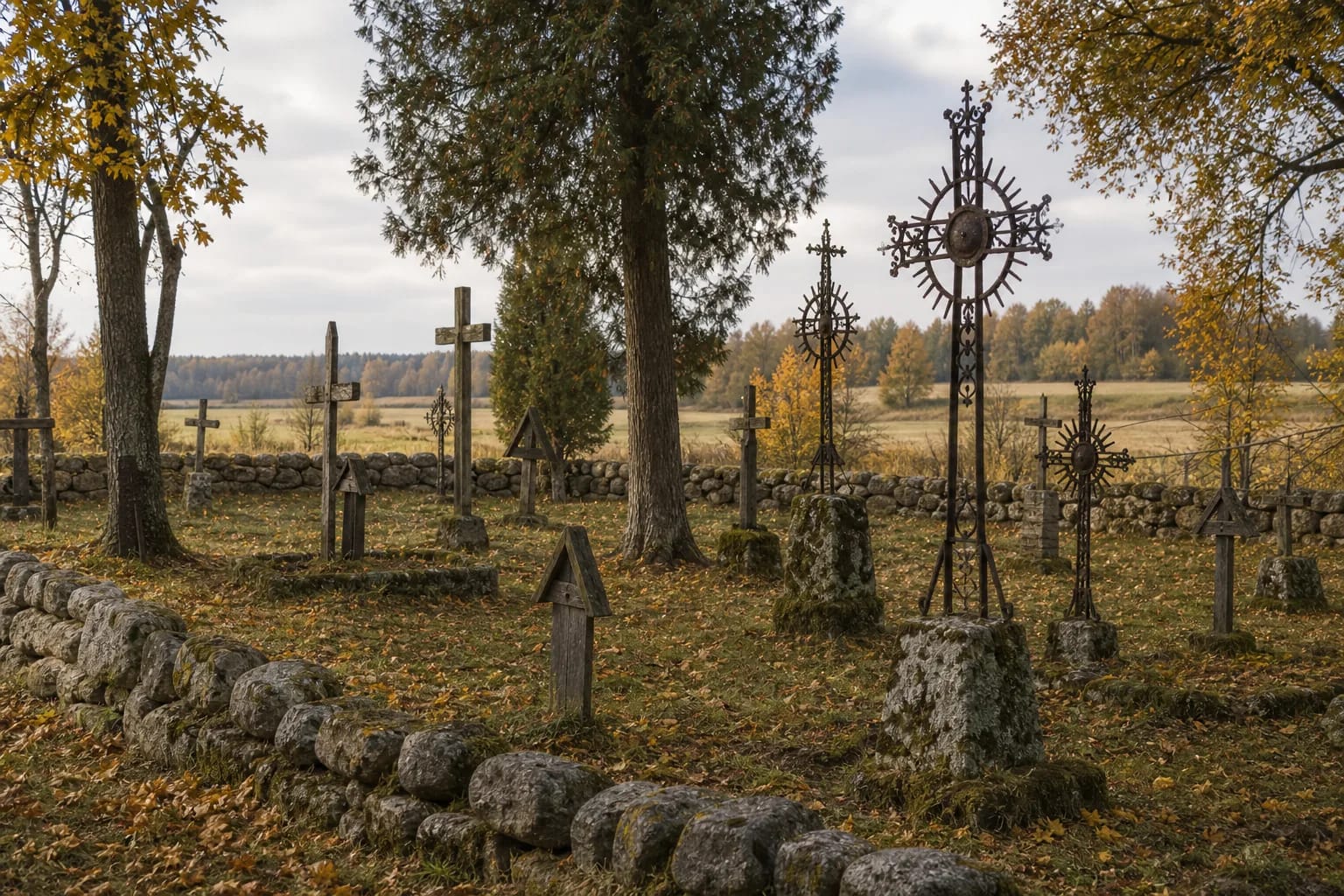 Cemetery architecture brings together grave markers, crosses, fences, and local memory.