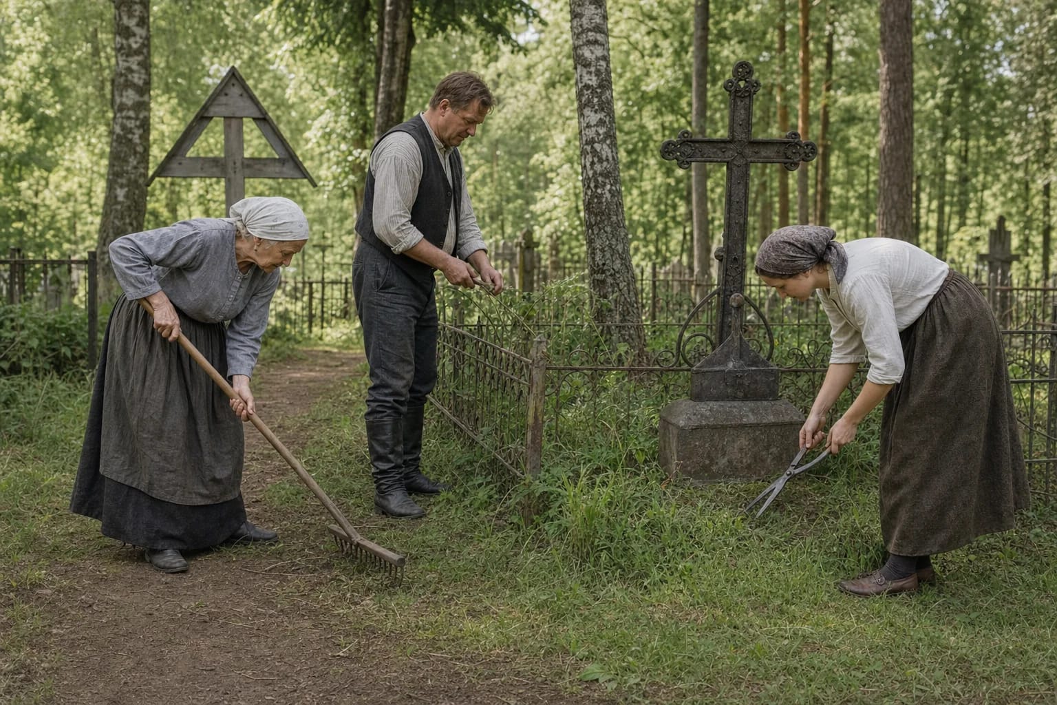 Kelios šeimos kartos prieš vasaros pamaldas santūriai prižiūri seną kapą medžių apsuptose kapinėse