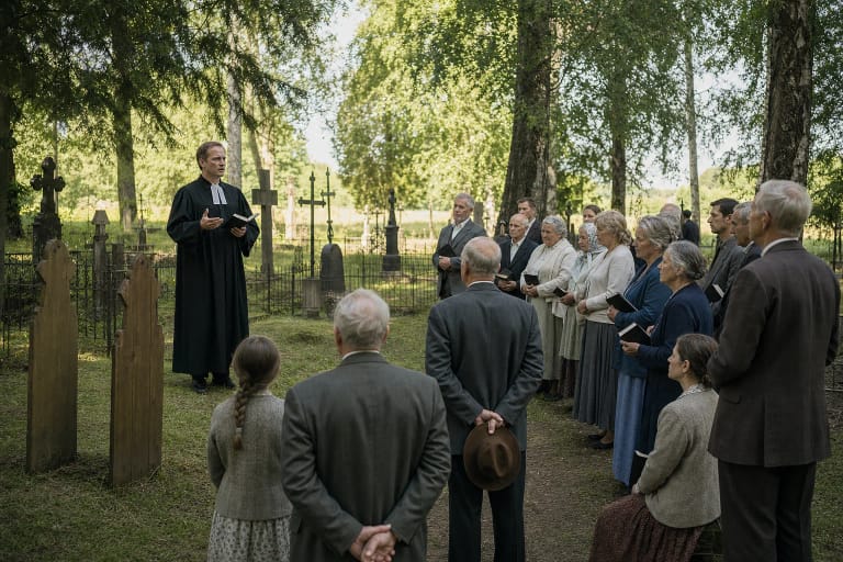 A summer service in a wooded Protestant cemetery in western Lithuania with hymnals and modest grave markers