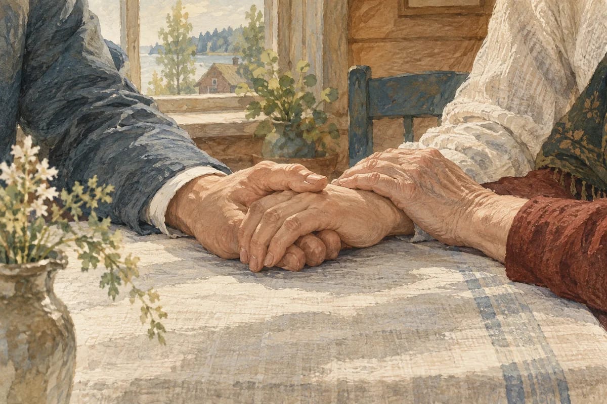 A symbolic illustration of family connection: three adults’ hands on a linen-covered table.