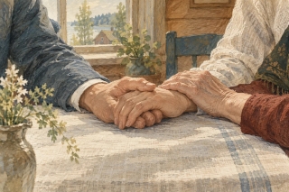 A symbolic illustration of family connection: three adults’ hands on a linen-covered table.