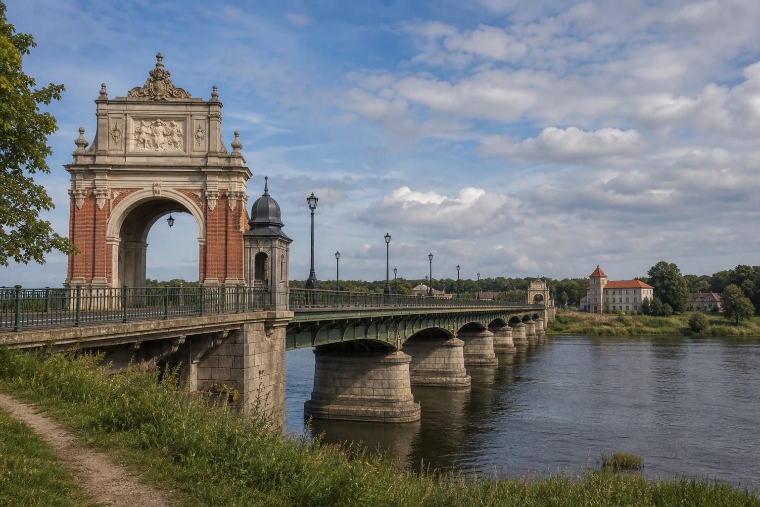 Queen Louise Bridge over the Nemunas with an ornate portal between Panemunė and Sovetsk