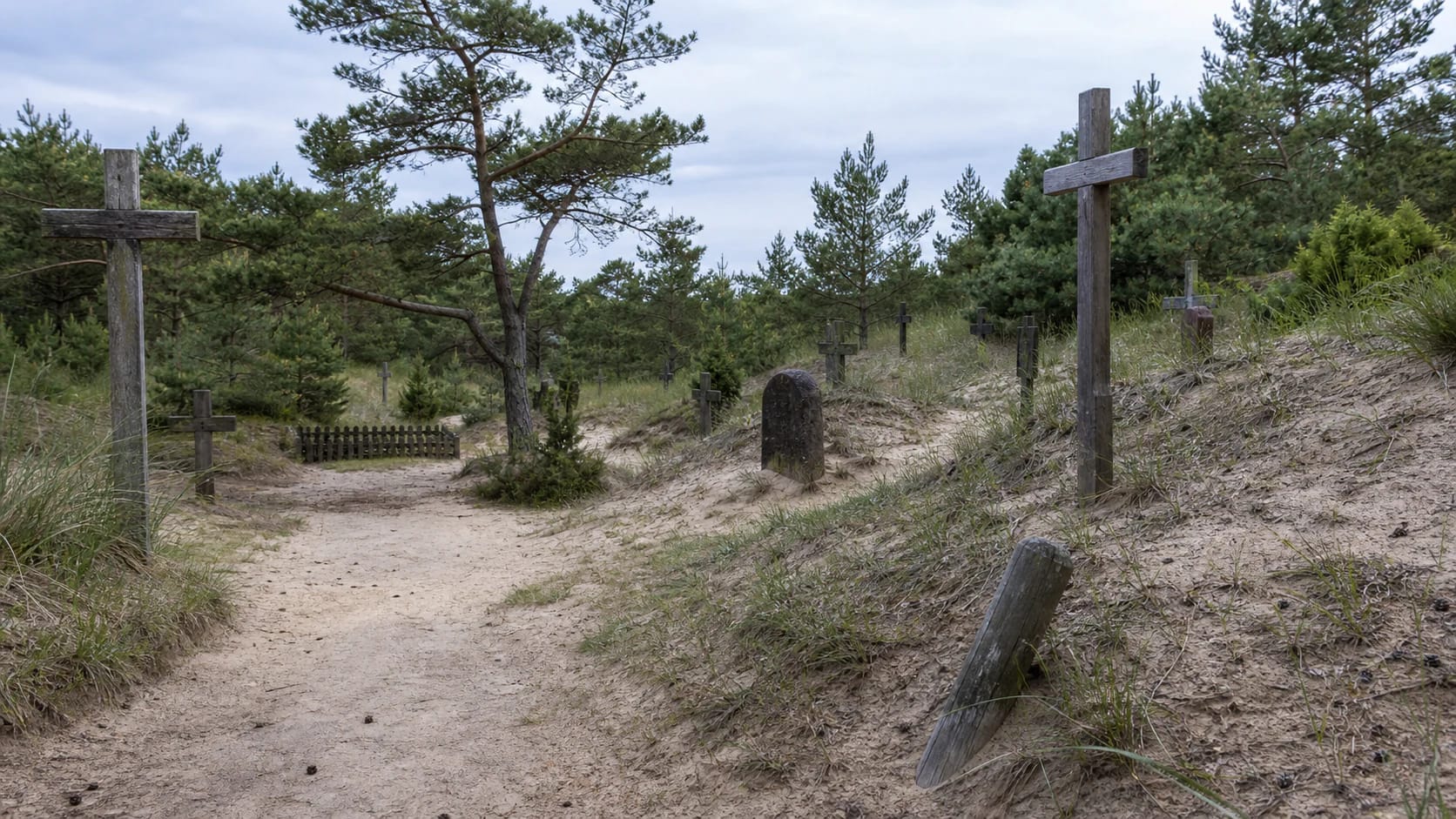 Karklė Ethnographic Cemetery on a seaside dune with modest crosses and pines