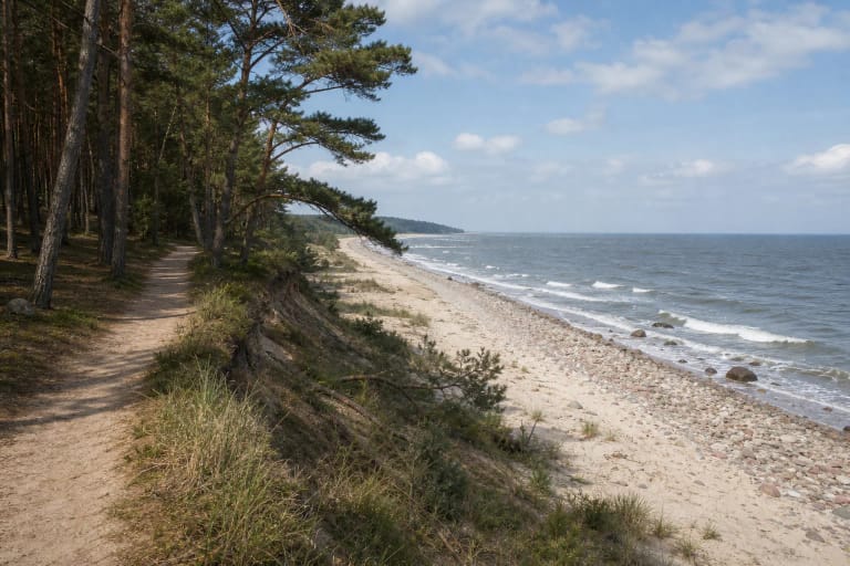 Wild Karklė coast with dunes, pine forest, and a boulder-strewn beach