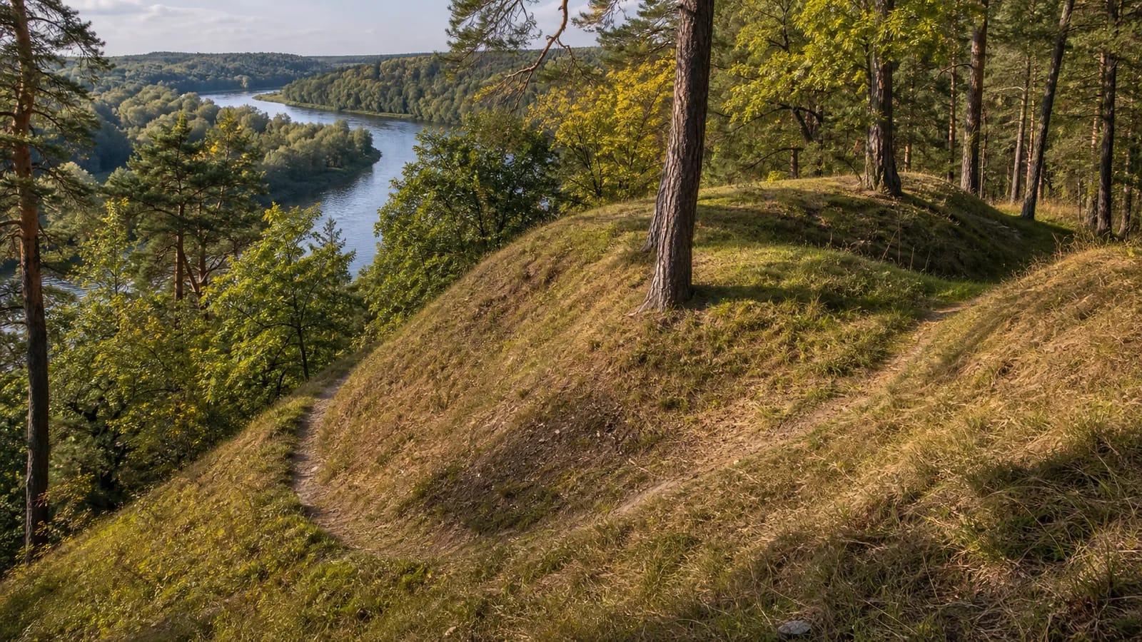 Wooded Karmazinai Hillfort in the valley landscape of Neris Regional Park