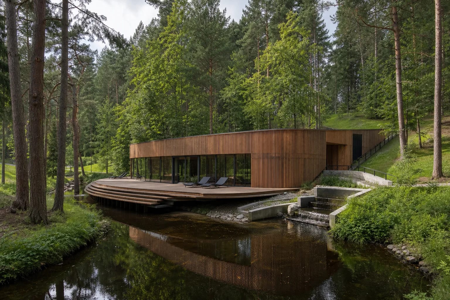 Timber aeroionotherapy pavilion, curved deck, and water cascades among pines in Karolis Dineika Wellness Park