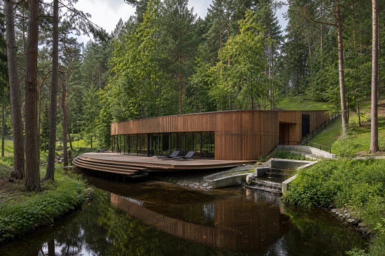 Timber aeroionotherapy pavilion, curved deck, and water cascades among pines in Karolis Dineika Wellness Park
