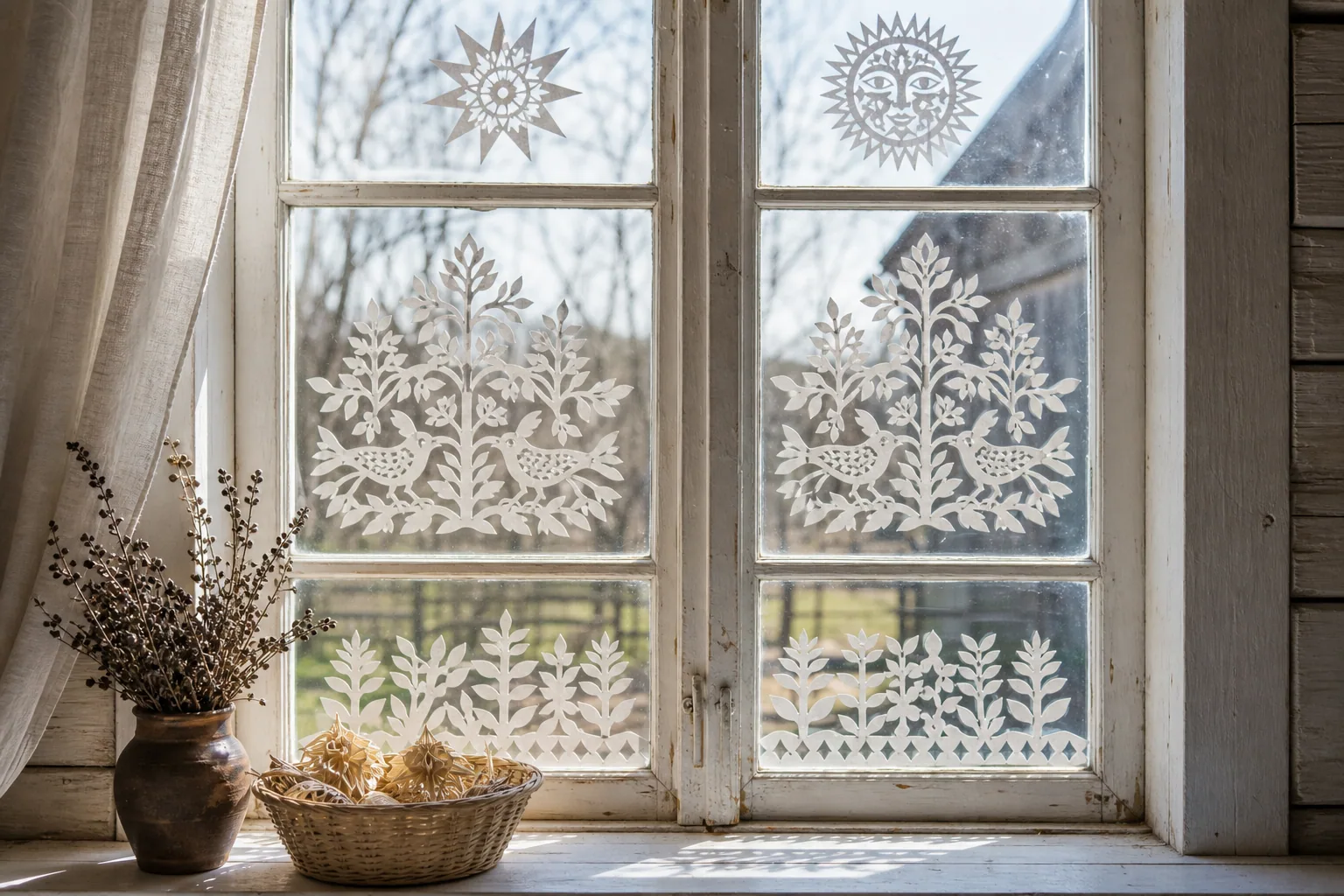 White paper cuttings with plant, bird, and sun motifs decorating a window.