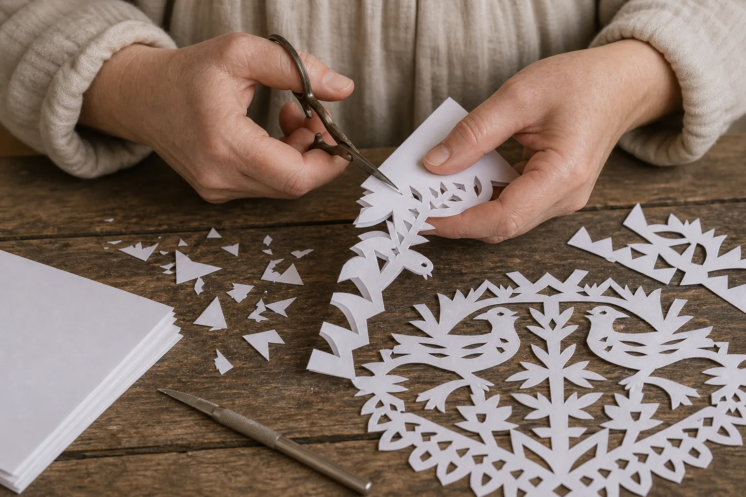 Scissors cut openwork patterns into folded paper.