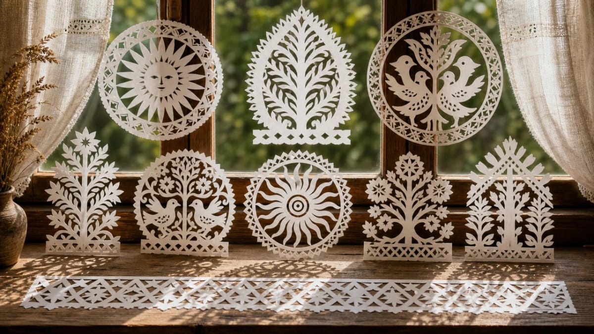 Lithuanian paper cuttings with sunbursts, little birds, plants, and symmetrical paper ornament