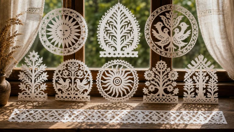 Lithuanian paper cuttings with sunbursts, little birds, plants, and symmetrical paper ornament