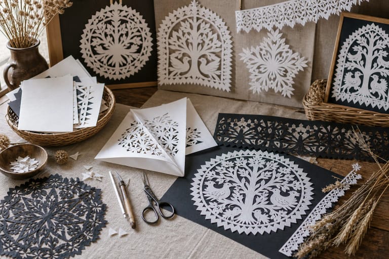 Lithuanian paper cuttings with tree of life and bird motifs