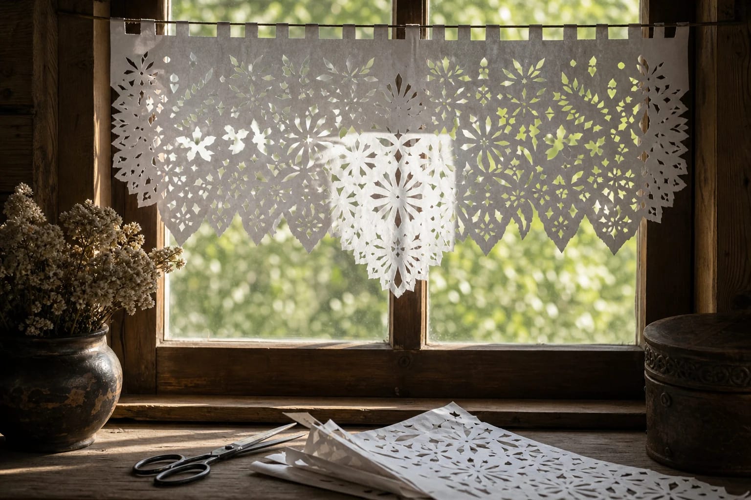 Cut Paper Window Curtains visual detail with tools and materials typical of the craft