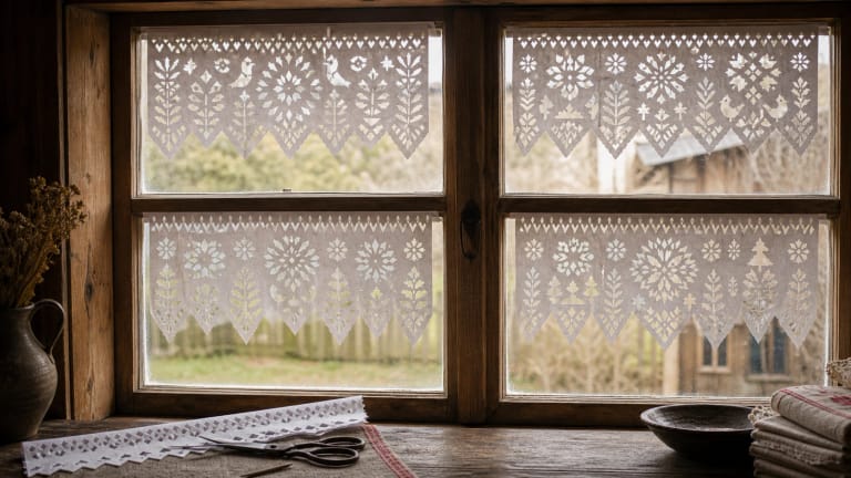 White cut paper curtains with bird, plant, sunburst, and toothed ornaments on a wooden rural window