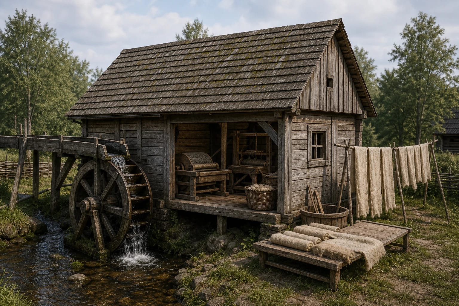 Traditional wool carding workshop and milo fulling mill by a mill with a wooden building, wool-carding equipment, and cloth-fulling workspace