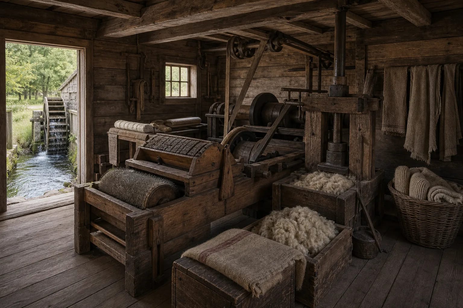 Textile workshops often relied on the water or mechanical power of mills.