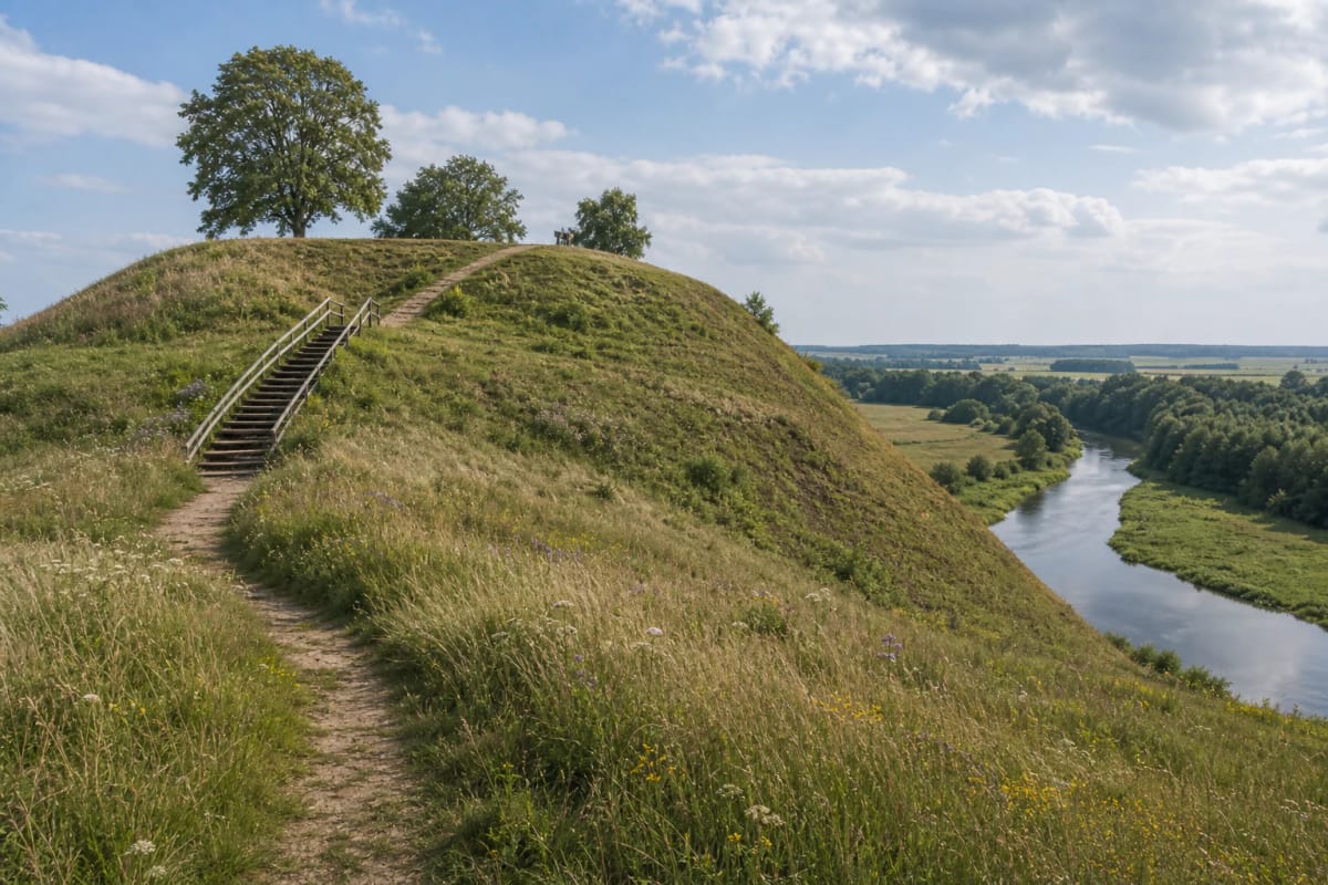 Green slope of Kartena Hillfort with steps and the Minija River valley in Samogitia
