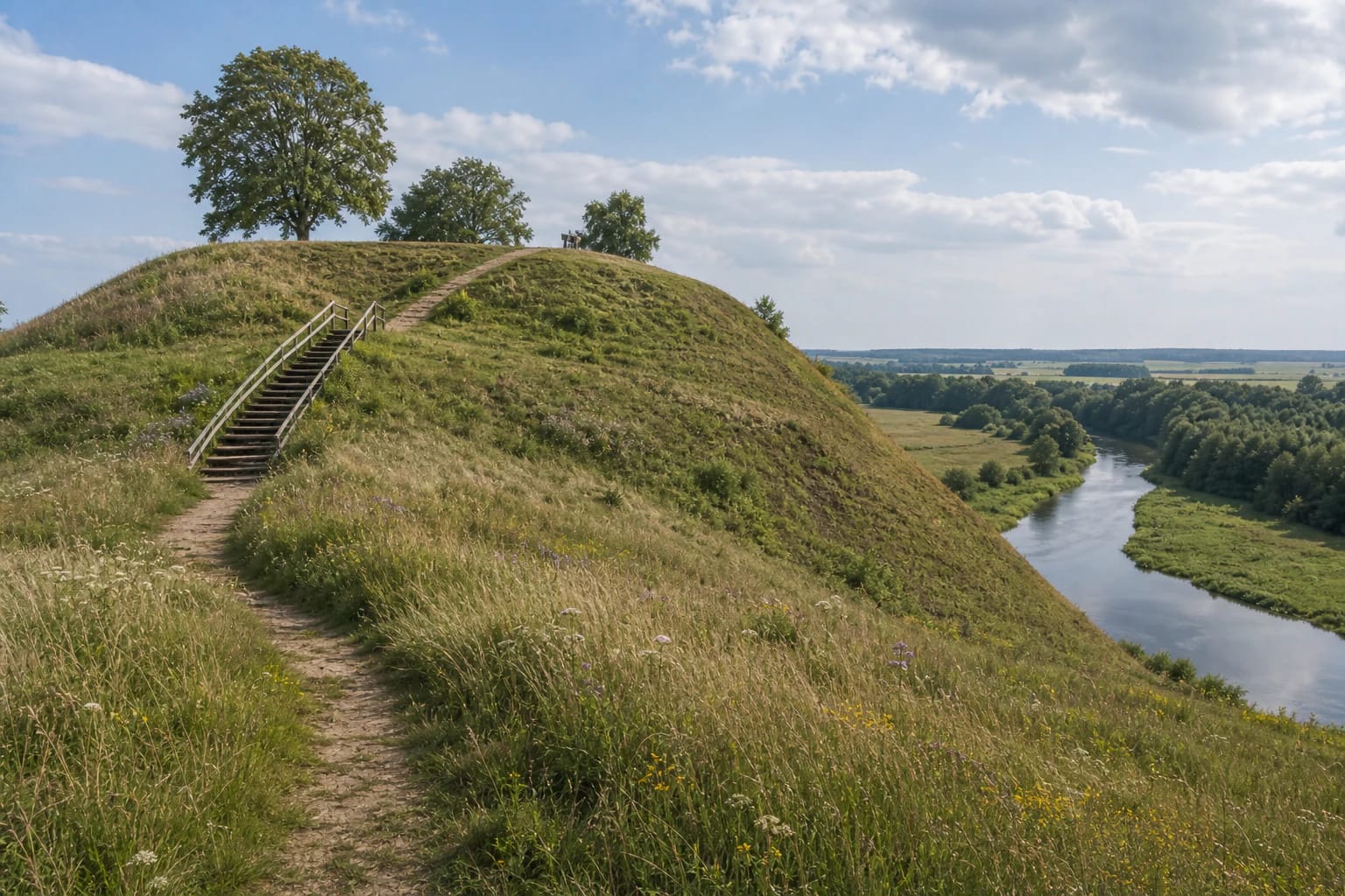 Green slope of Kartena Hillfort with steps and the Minija River valley in Samogitia