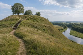 Green slope of Kartena Hillfort with steps and the Minija River valley in Samogitia