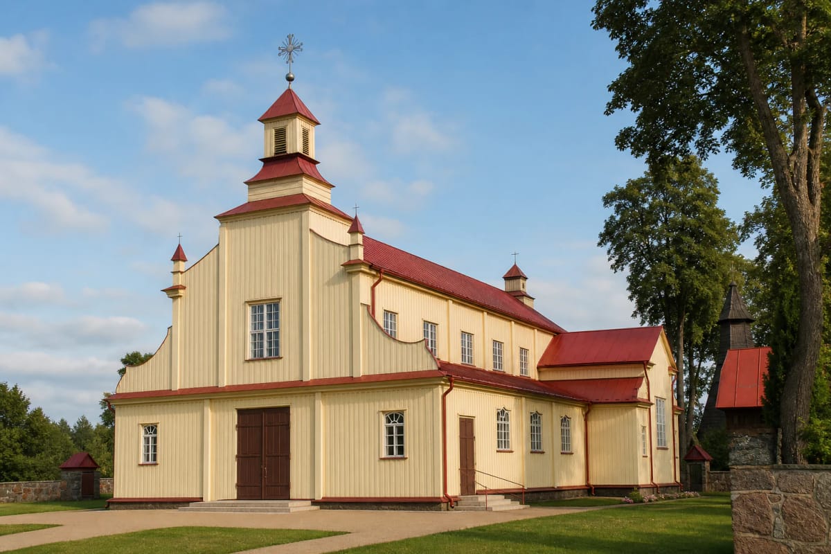 Pale yellow timber Church of the Assumption in Kartena with a broad curving Neo-Baroque facade, red roof, and small central turret