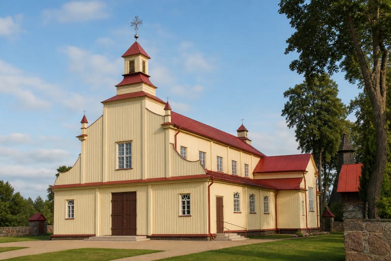 Šviesiai gelsva medinė Kartenos bažnyčia su plačiu išraitytu neobarokiniu fasadu, raudonu stogu ir mažu centriniu bokšteliu