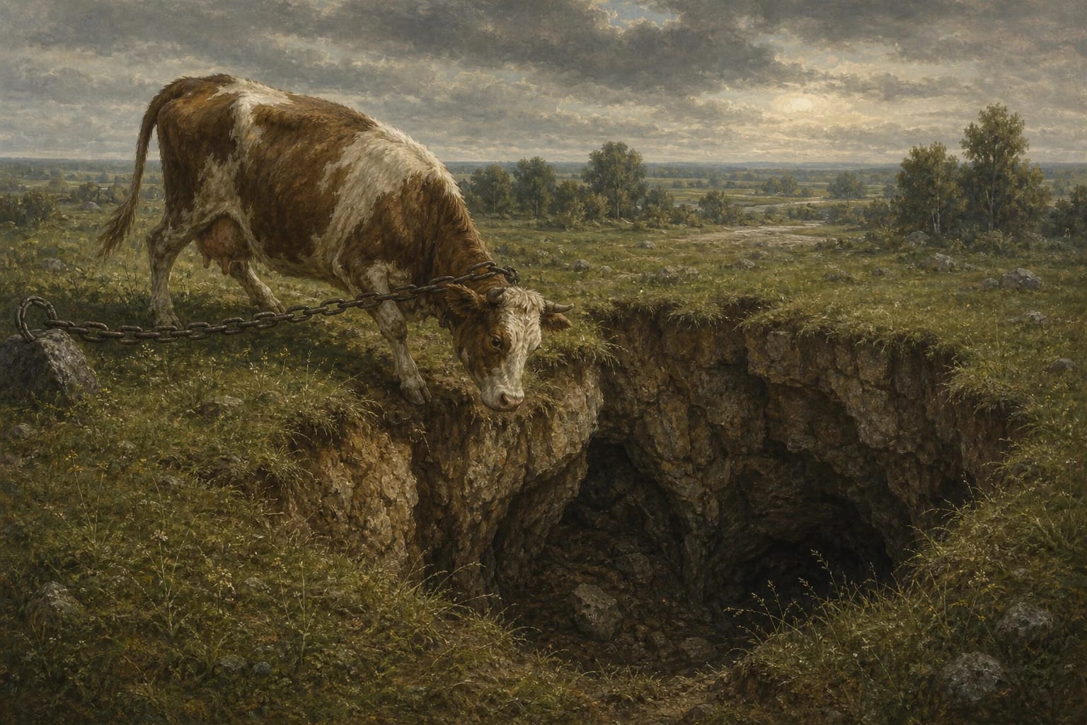 Cow Cave Legend visual interpretation with sinking, cow, chain motifs
