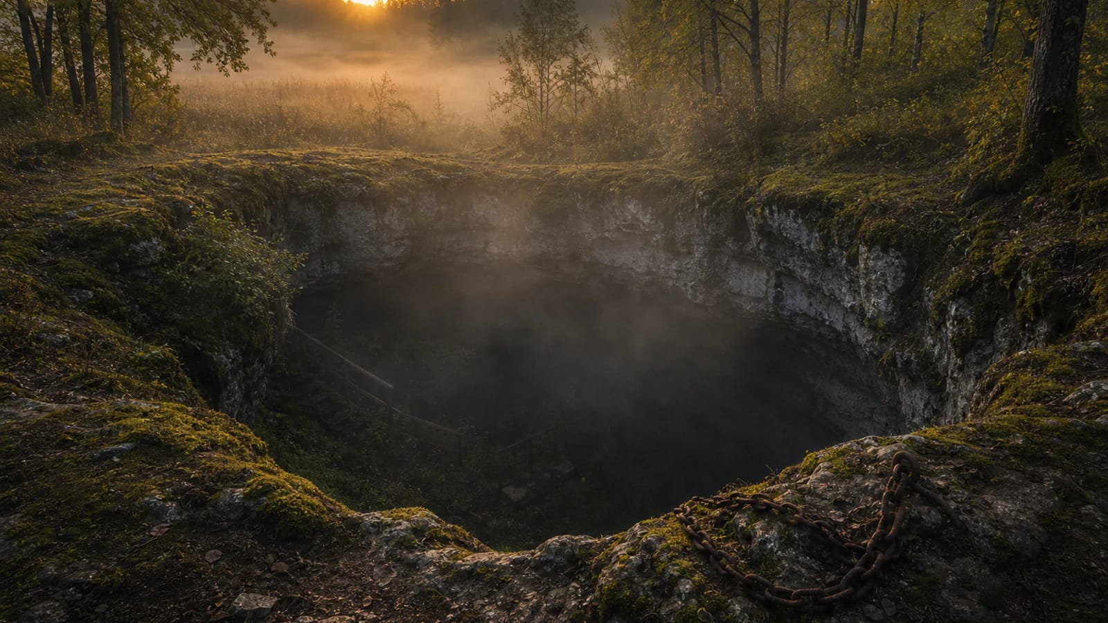 Cow Cave in the Biržai region with wooden stairs and the mood of a sinking legend