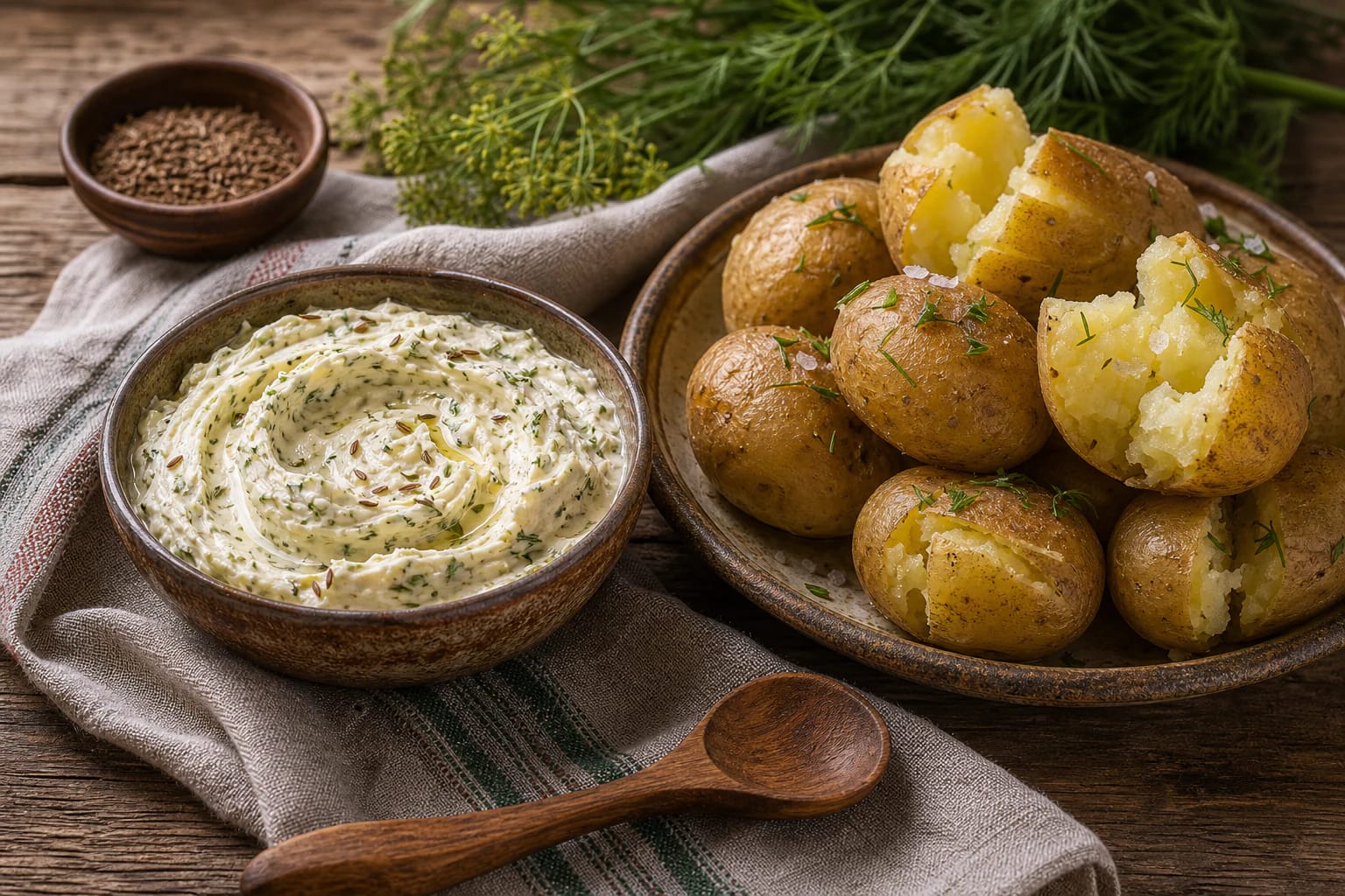 A clay pot of kastinys with caraway seeds, hot potatoes in their skins, and a linen tablecloth
