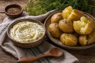 Глиняная миска с кастинисом и тмином, горячий картофель в кожуре и льняная скатерть