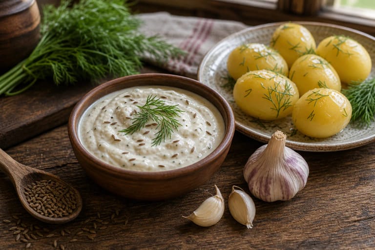 Žemaitiškas kastinys in a clay bowl with caraway seeds, garlic, dill, and hot potatoes