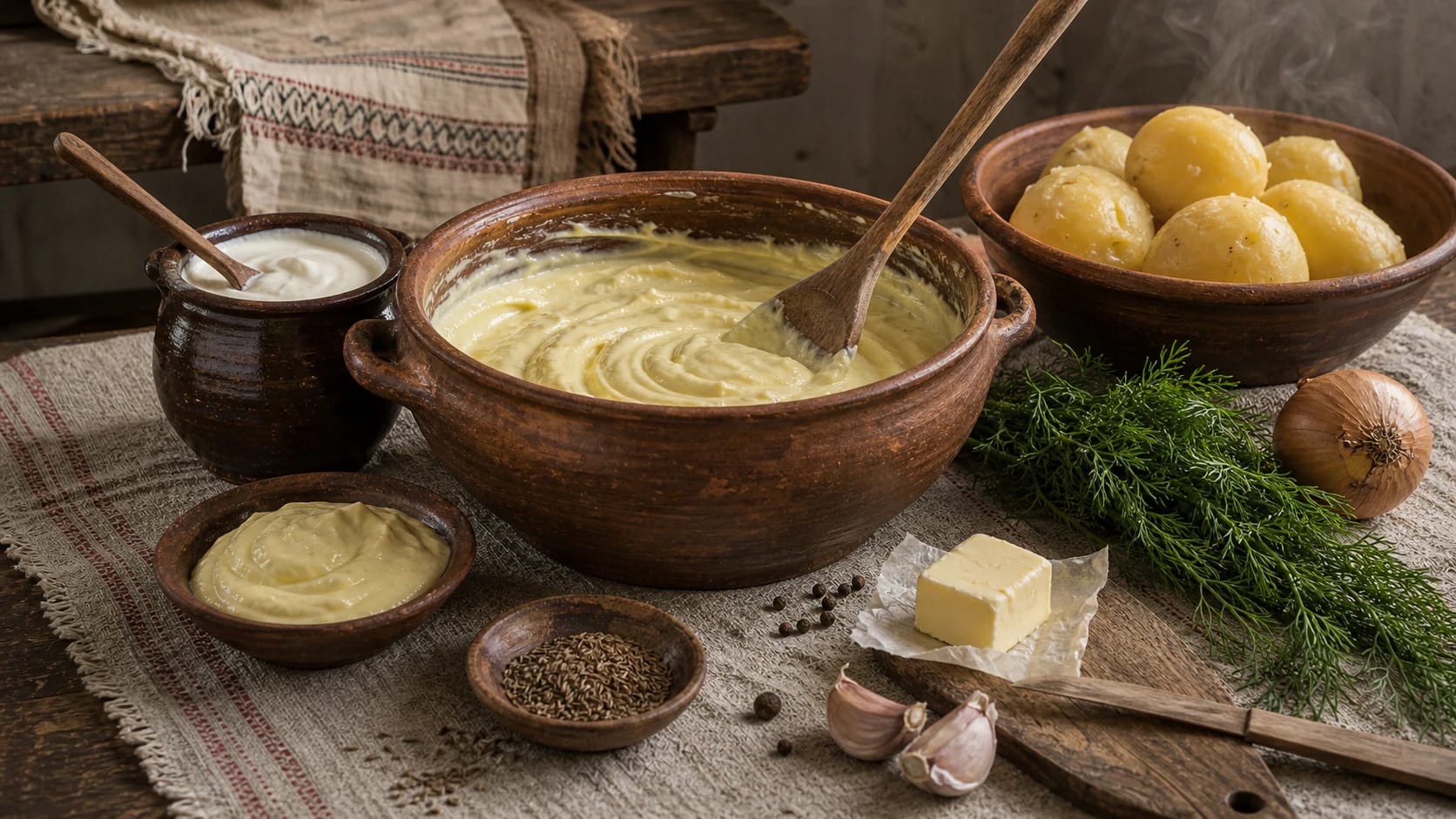 Making Žemaitiškas kastinys in a clay bowl with sour cream, butter, caraway, garlic, onion, dill, and hot potatoes
