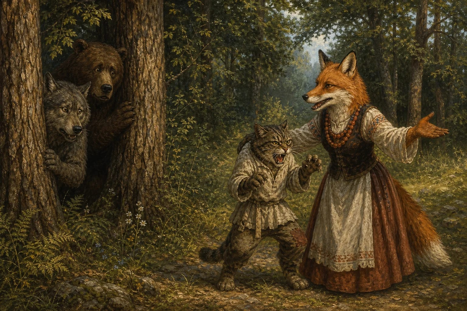 The Cat, the Fox's Husband visual interpretation with fox, cat, false power motifs