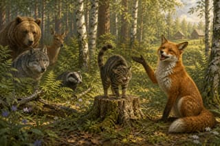 A fox presents an ordinary hissing tabby cat as her fearsome husband while wary forest animals watch from a birch clearing