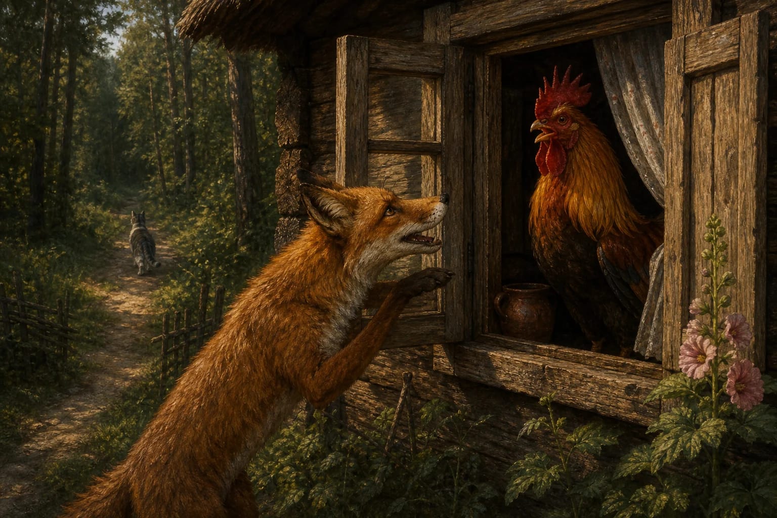 The Little Cat, the Rooster, and the Fox visual interpretation with fox's cleverness, rooster deceived, cat as rescuer motifs