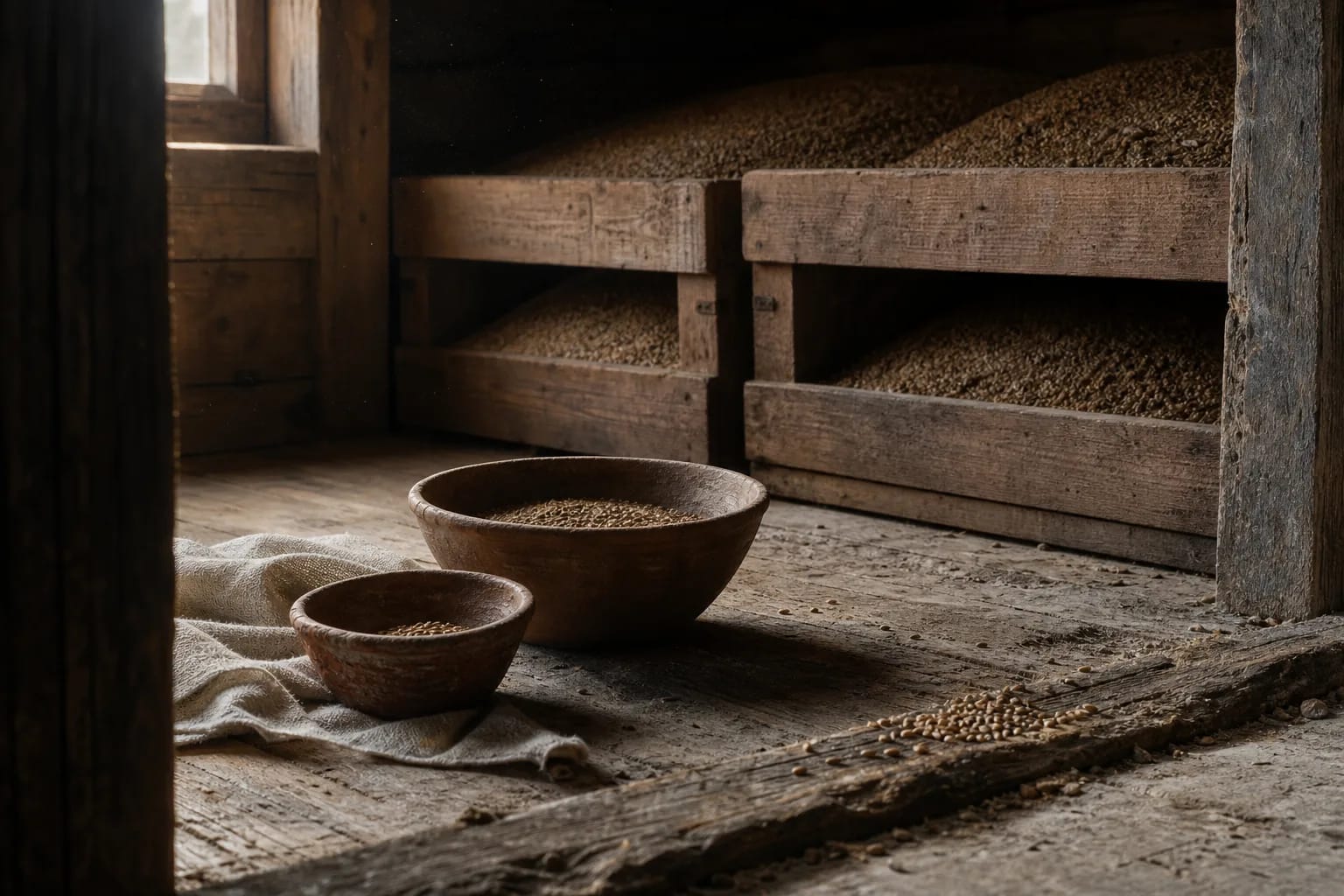 Granary floor with grain and small clay bowls for the abundance of kaukai