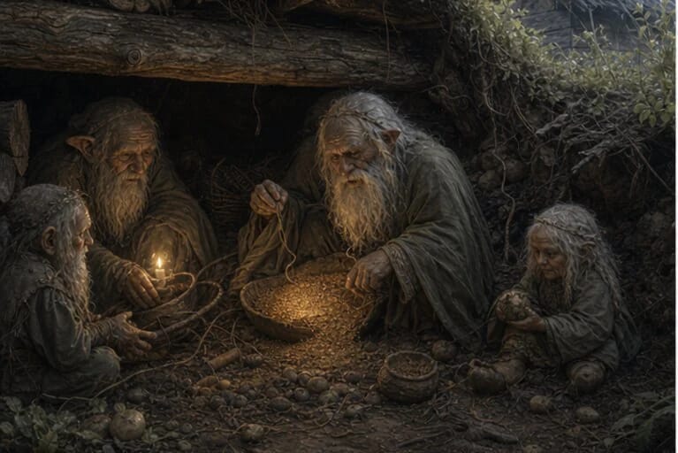 Kaukai in Lithuanian mythology near a homestead, grain, roots, and small underworld beings