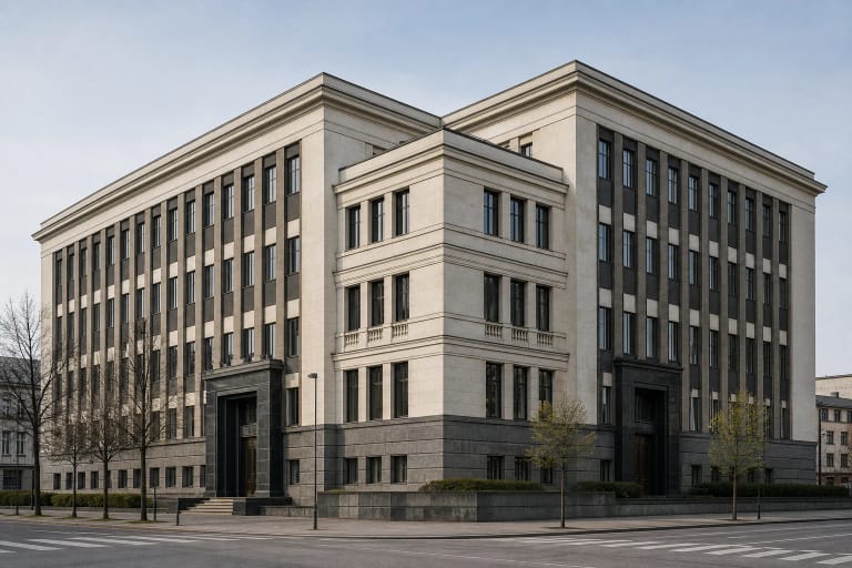 Kauno apskrities savivaldybės rūmų kampinis fasadas su šviesiomis sienomis, tamsiais piliastrais ir granito portalu