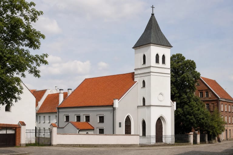 Balta Kauno liuteronų Švč. Trejybės bažnyčia su stačiu raudonu stogu ir bokštu