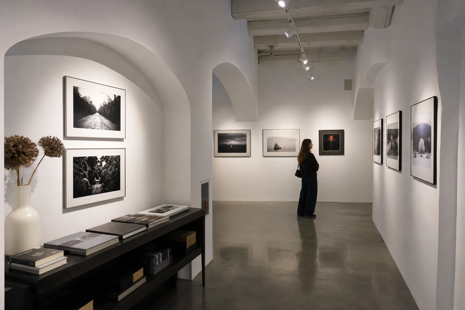 White vaulted Kaunas Photography Gallery room with a photographic series and art books