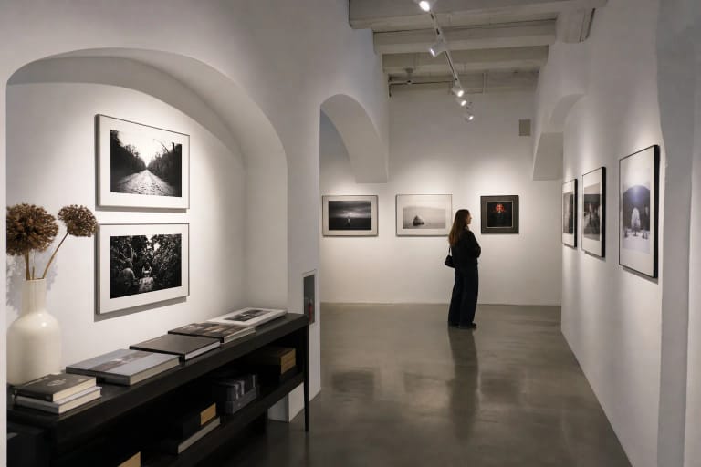 Balta skliautuota Kauno fotografijos galerijos salė su fotografijų serija ir meno leidiniais